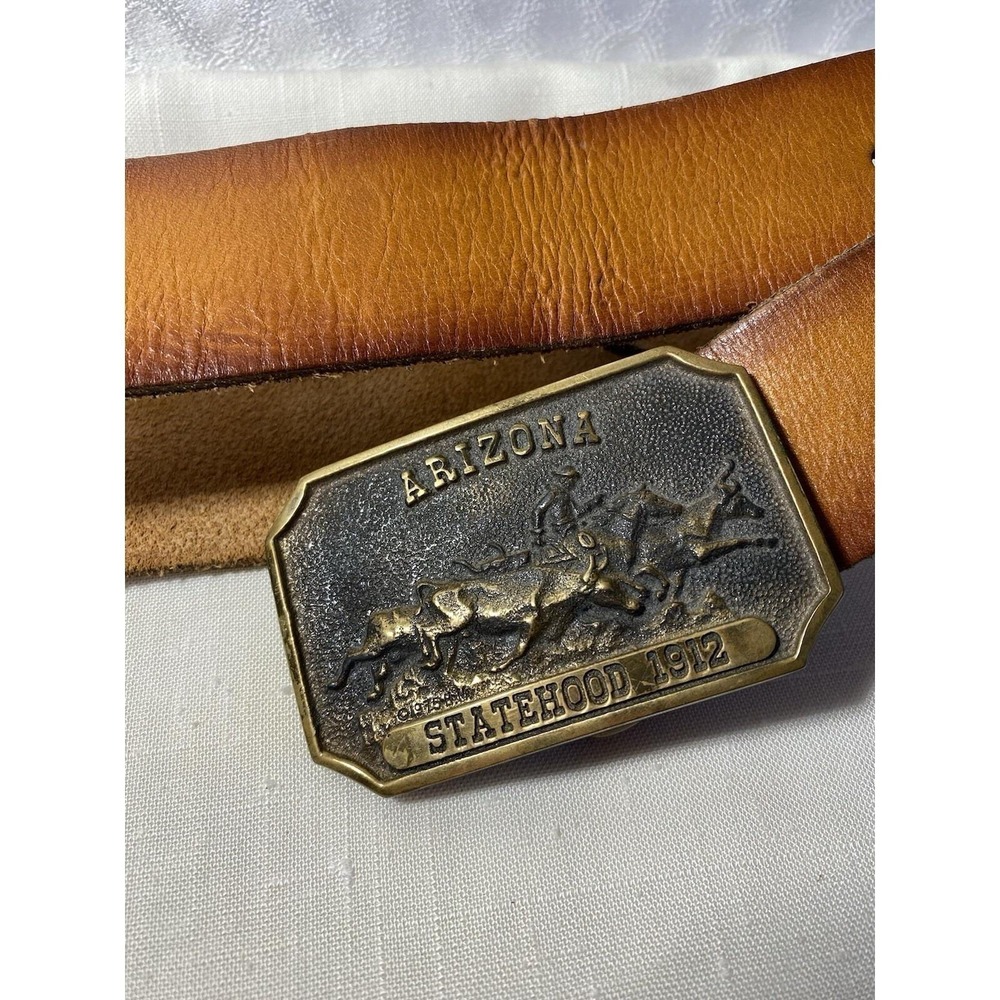 VTG Brass Belt Buckle  Arizona 1912 Leather Belt 28 X 32 Timberland Western